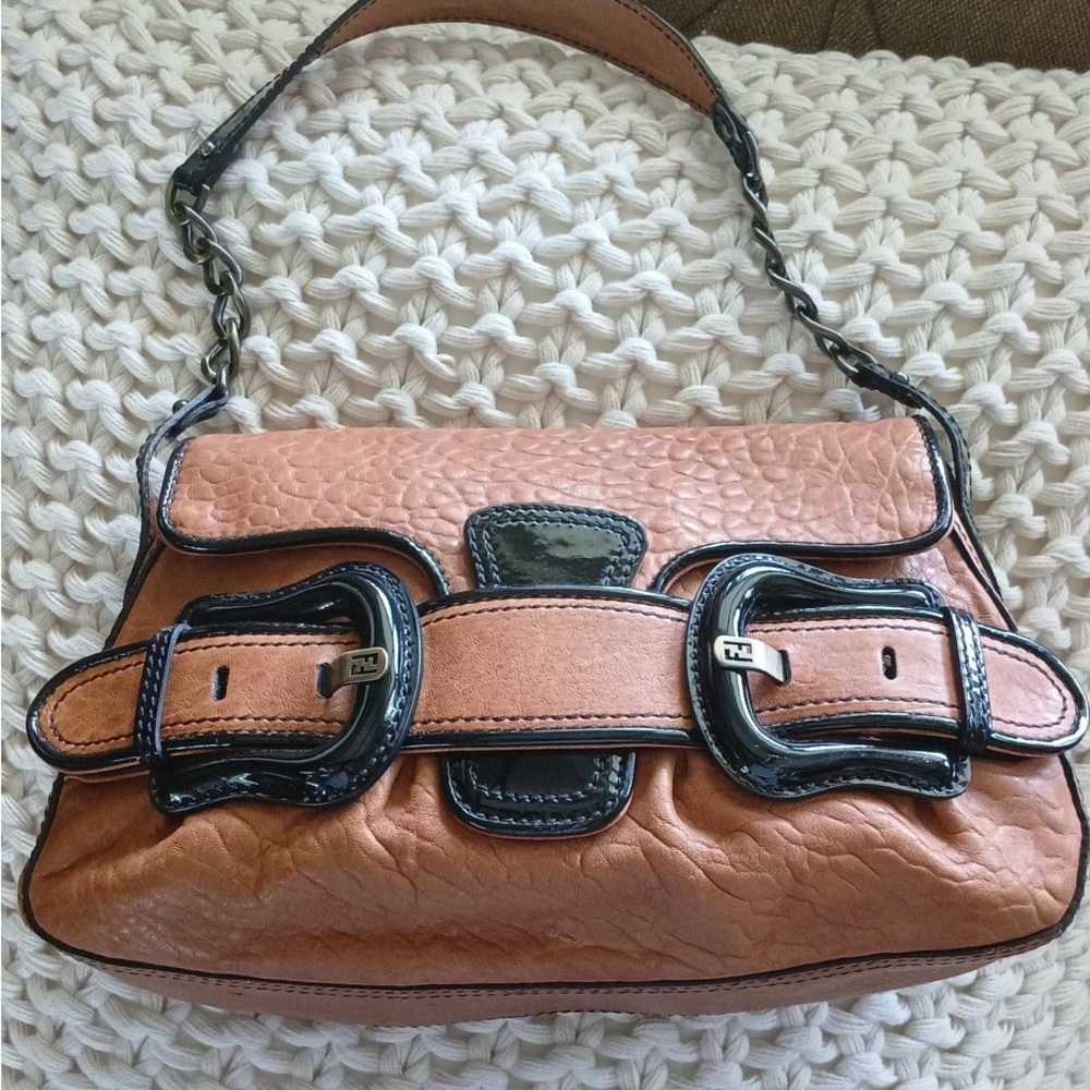 FENDI Tan Nappa/Black Patent Leather B Bis Shoulder Bag